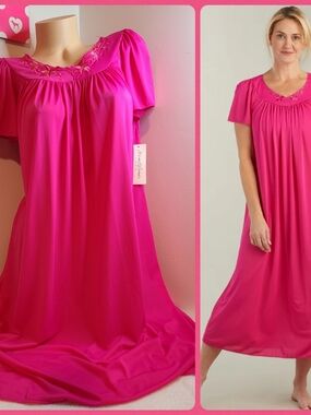 VTG Miss Elaine Classic Pink Nylon Midi Length Nightgown Size Sm